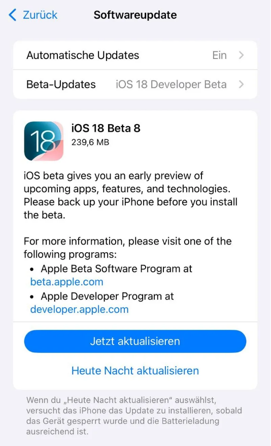 临泉苹果手机维修分享苹果 iOS / iPadOS 18 开发者预览版 Beta 8 发布 